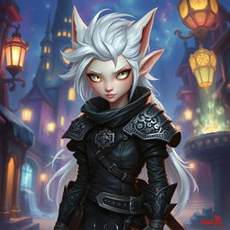 An androgynous 2D Dungeons & Dragons changeling rogue with striking white hair and luminous white eyes, giving an ethereal appearance