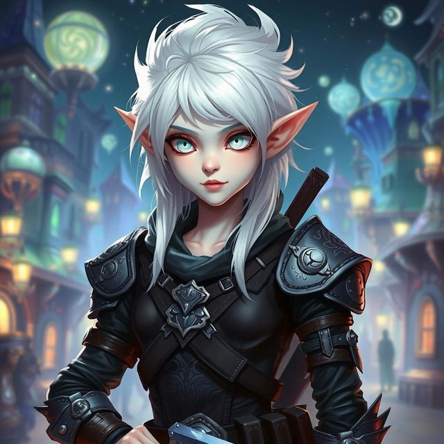 An androgynous 2D Dungeons & Dragons changeling rogue with striking white hair and luminous white eyes, giving an ethereal appearance
