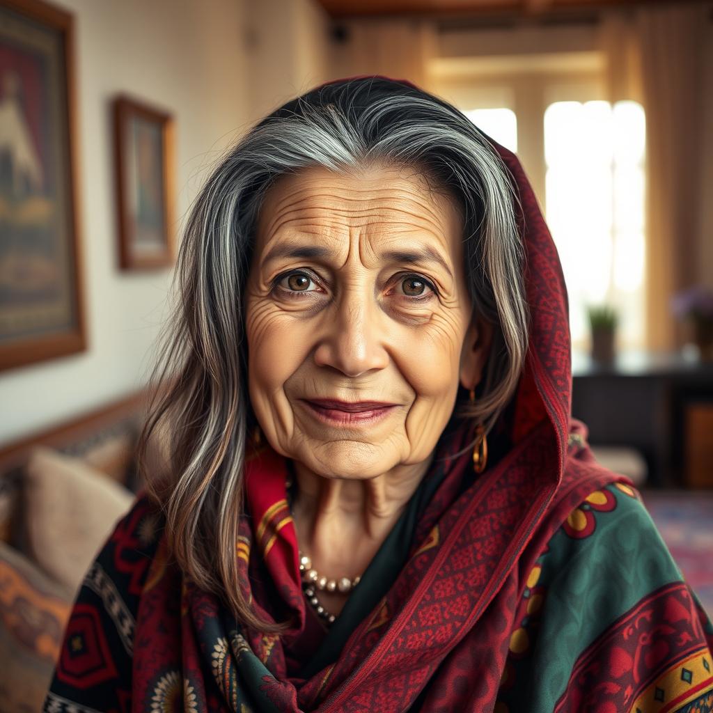 A portrait of a 69-year-old Arabic woman, showcasing her wisdom and grace