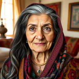A portrait of a 69-year-old Arabic woman, showcasing her wisdom and grace