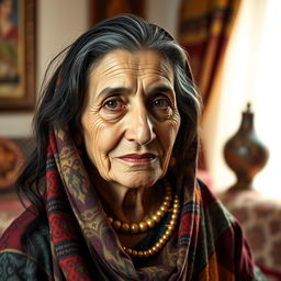 A portrait of a 69-year-old Arabic woman, showcasing her wisdom and grace