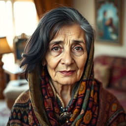 A portrait of a 69-year-old Arabic woman, showcasing her wisdom and grace