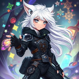 An androgynous 2D Dungeons & Dragons changeling rogue illustrated in an anime style, featuring striking white hair that flows elegantly and luminous white eyes that convey a sense of mystery