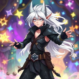 An androgynous 2D Dungeons & Dragons changeling rogue illustrated in an anime style, featuring striking white hair that flows elegantly and luminous white eyes that convey a sense of mystery