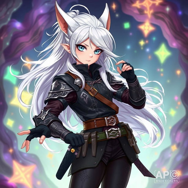 An androgynous 2D Dungeons & Dragons changeling rogue illustrated in an anime style, featuring striking white hair that flows elegantly and luminous white eyes that convey a sense of mystery