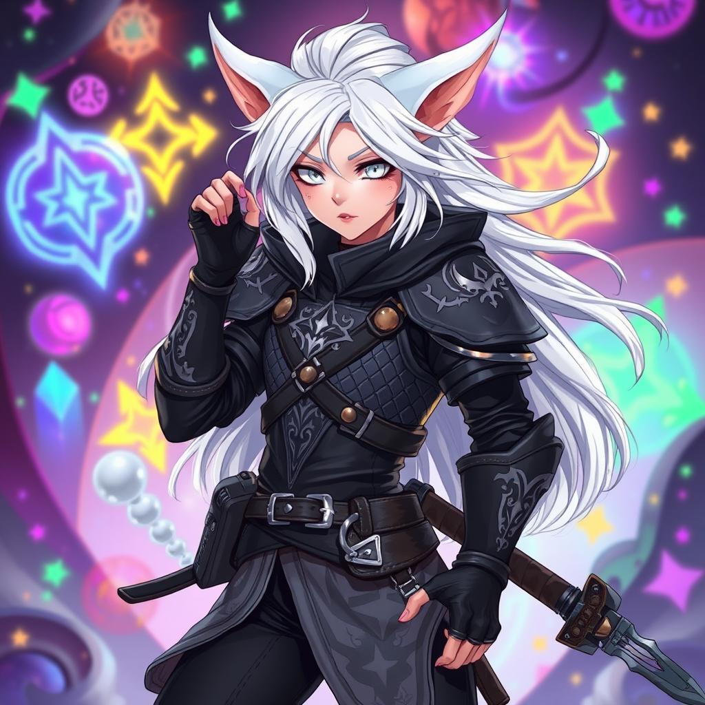 An androgynous 2D Dungeons & Dragons changeling rogue illustrated in an anime style, featuring striking white hair that flows elegantly and luminous white eyes that convey a sense of mystery