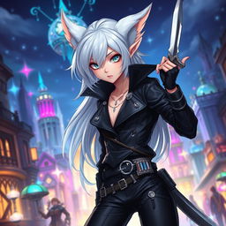 An androgynous 2D Dungeons & Dragons changeling rogue illustrated in an anime style, showcasing striking white hair that cascades smoothly around their face and luminous white eyes that radiate a mysterious allure