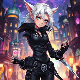 An androgynous 2D Dungeons & Dragons changeling rogue illustrated in an anime style, showcasing striking white hair that cascades smoothly around their face and luminous white eyes that radiate a mysterious allure