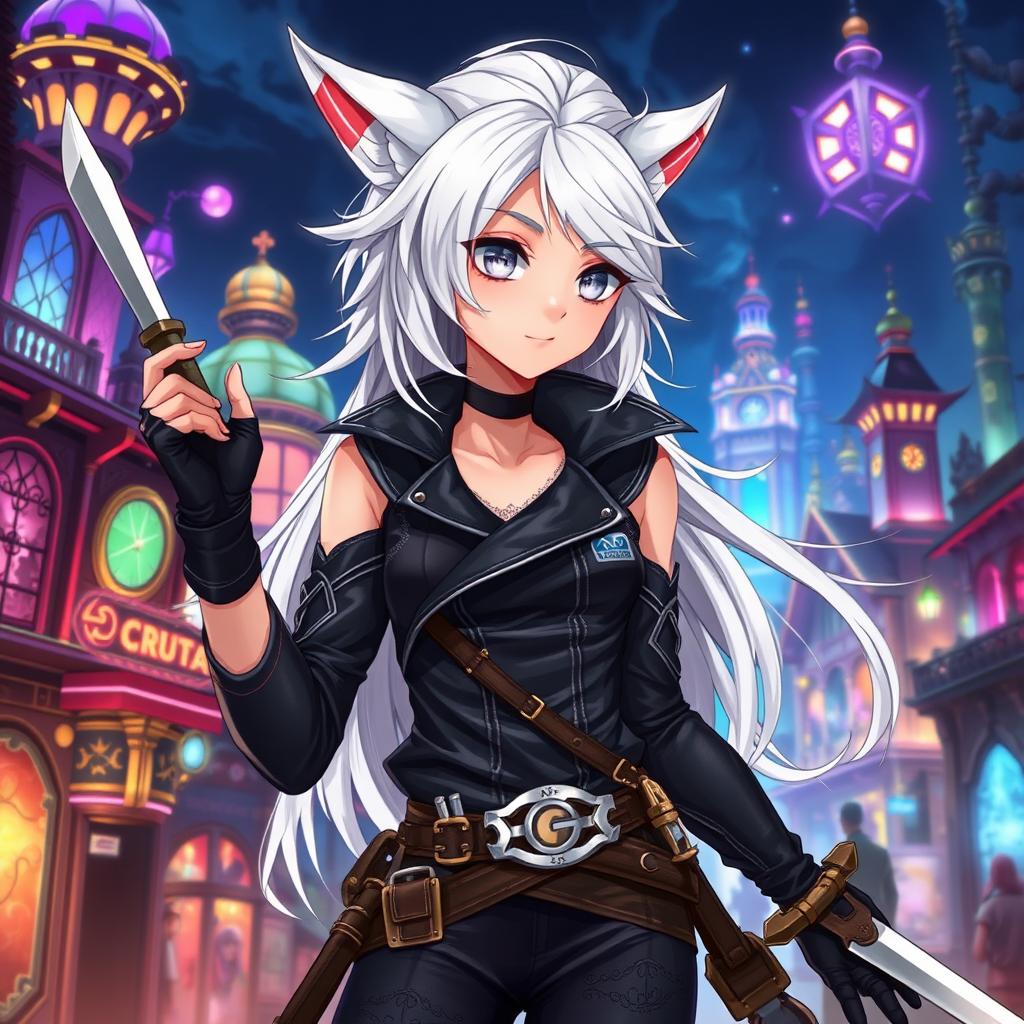 An androgynous 2D Dungeons & Dragons changeling rogue illustrated in an anime style, showcasing striking white hair that cascades smoothly around their face and luminous white eyes that radiate a mysterious allure