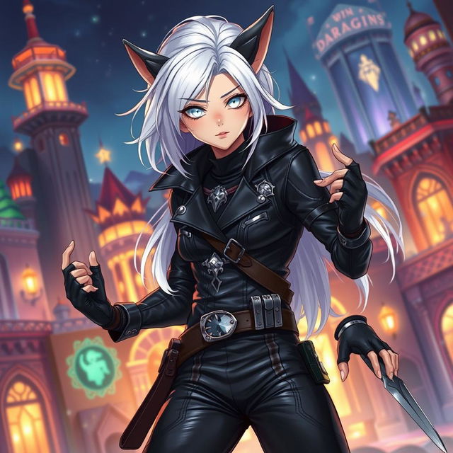 An androgynous 2D Dungeons & Dragons changeling rogue illustrated in an anime style, showcasing striking white hair that cascades smoothly around their face and luminous white eyes that radiate a mysterious allure