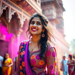 A sensual scene capturing Nushrat Bharucha as a college girl, wearing a vibrant traditional outfit adorned with colorful floral patterns, radiating youthful energy and playfulness