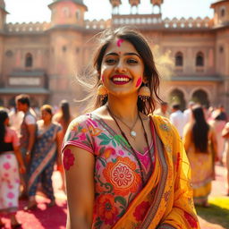 A sensual scene capturing Nushrat Bharucha as a college girl, wearing a vibrant traditional outfit adorned with colorful floral patterns, radiating youthful energy and playfulness