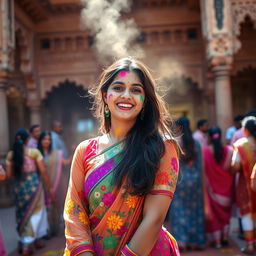 A sensual scene capturing Nushrat Bharucha as a college girl, wearing a vibrant traditional outfit adorned with colorful floral patterns, radiating youthful energy and playfulness
