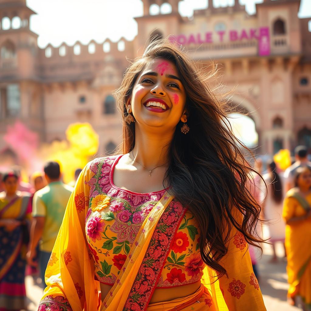 A sensual scene capturing Nushrat Bharucha as a college girl, wearing a vibrant traditional outfit adorned with colorful floral patterns, radiating youthful energy and playfulness