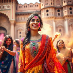 A sensual scene depicting Nushrat Bharucha as a college girl, radiating youthful exuberance, dressed in a colorful and traditional outfit embellished with intricate embroidery