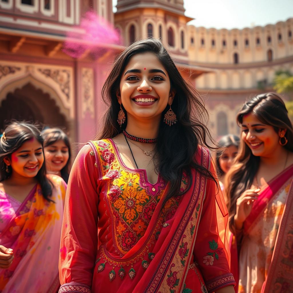A sensual scene depicting Nushrat Bharucha as a college girl, radiating youthful exuberance, dressed in a colorful and traditional outfit embellished with intricate embroidery