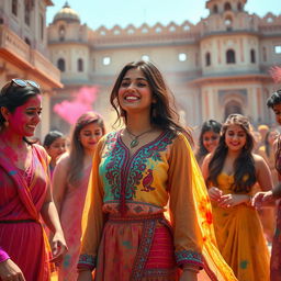 A sensual scene depicting Nushrat Bharucha as a college girl, radiating youthful exuberance, dressed in a colorful and traditional outfit embellished with intricate embroidery
