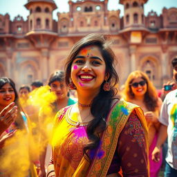 A sensual scene depicting Nushrat Bharucha as a college girl, radiating youthful exuberance, dressed in a colorful and traditional outfit embellished with intricate embroidery