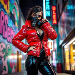 A hot slim girl with big boobs, striking a confident pose in a shiny red tight puffer jacket that hugs her figure, paired with alluring black latex leggings