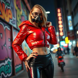 A hot slim girl with big boobs, striking a confident pose in a shiny red tight puffer jacket that hugs her figure, paired with alluring black latex leggings