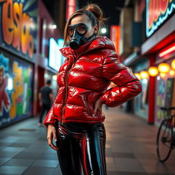 A hot slim girl with big boobs, striking a confident pose in a shiny red tight puffer jacket that hugs her figure, paired with alluring black latex leggings