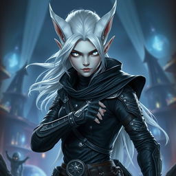 An androgynous Dungeons & Dragons changeling rogue featuring striking pure white eyes with no iris or pupils, radiating an otherworldly presence
