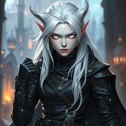 An androgynous Dungeons & Dragons changeling rogue featuring striking pure white eyes with no iris or pupils, radiating an otherworldly presence