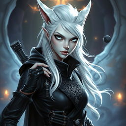 An androgynous Dungeons & Dragons changeling rogue, characterized by their striking pure white eyes devoid of any iris or pupils, exuding an ethereal and mysterious aura