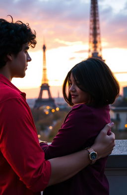 A scene featuring a guy with tan skin and long curly black hair wearing a vibrant red shirt, gently hugging a miniature brunette girl with a stylish bob haircut