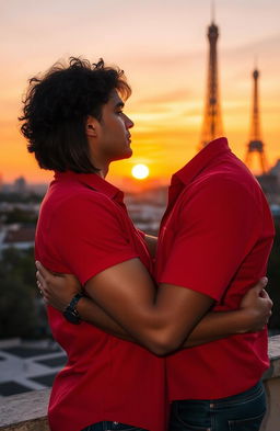 A scene featuring a guy with tan skin and long curly black hair wearing a vibrant red shirt, gently hugging a miniature brunette girl with a stylish bob haircut