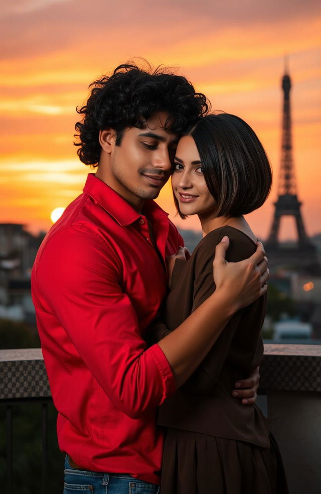 A scene featuring a guy with tan skin and long curly black hair wearing a vibrant red shirt, gently hugging a miniature brunette girl with a stylish bob haircut