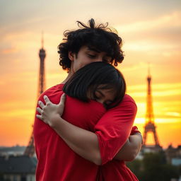 A heartwarming scene depicting a guy with tan skin and long curly black hair dressed in a bright red shirt, tenderly hugging a miniature brunette girl sporting a chic bob haircut