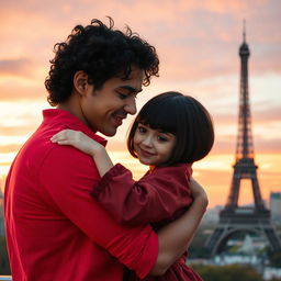 A heartwarming scene depicting a guy with tan skin and long curly black hair dressed in a bright red shirt, tenderly hugging a miniature brunette girl sporting a chic bob haircut