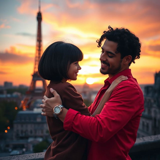 A heartwarming scene depicting a guy with tan skin and long curly black hair dressed in a bright red shirt, tenderly hugging a miniature brunette girl sporting a chic bob haircut