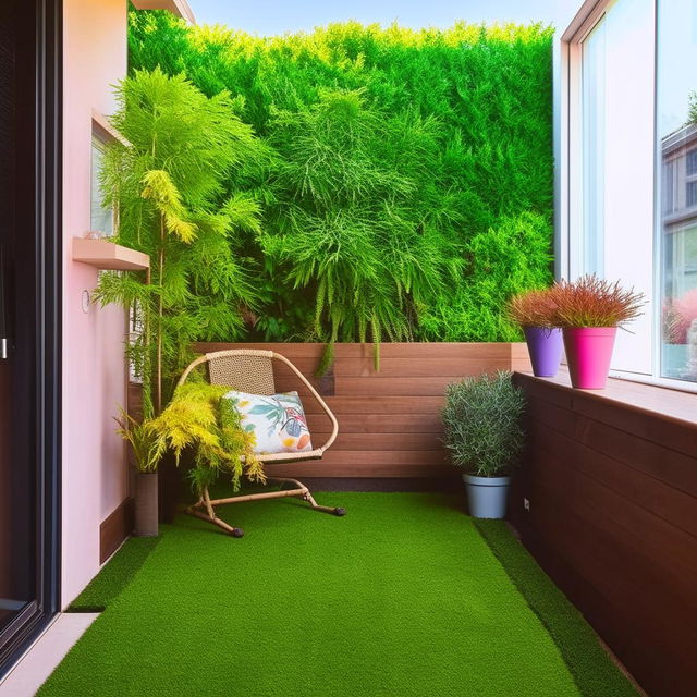 A cozy balcony space covered with aritificial grass and decorated with multi-coloured flower pots. Add various cool and creative elements to make the space more inviting and lively.