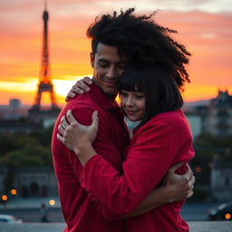 A heartwarming scene depicting a guy with tan skin and long curly black hair dressed in a bright red shirt, tenderly hugging a miniature brunette girl sporting a chic bob haircut