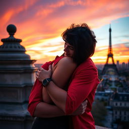 A romantic scene showcasing a guy with tan skin and long curly black hair, clad in a striking red shirt, as he warmly hugs a miniature brunette with a sleek bob haircut