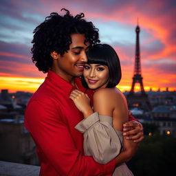 A romantic scene showcasing a guy with tan skin and long curly black hair, clad in a striking red shirt, as he warmly hugs a miniature brunette with a sleek bob haircut