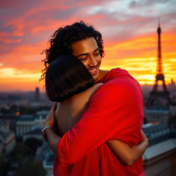 A romantic scene showcasing a guy with tan skin and long curly black hair, clad in a striking red shirt, as he warmly hugs a miniature brunette with a sleek bob haircut