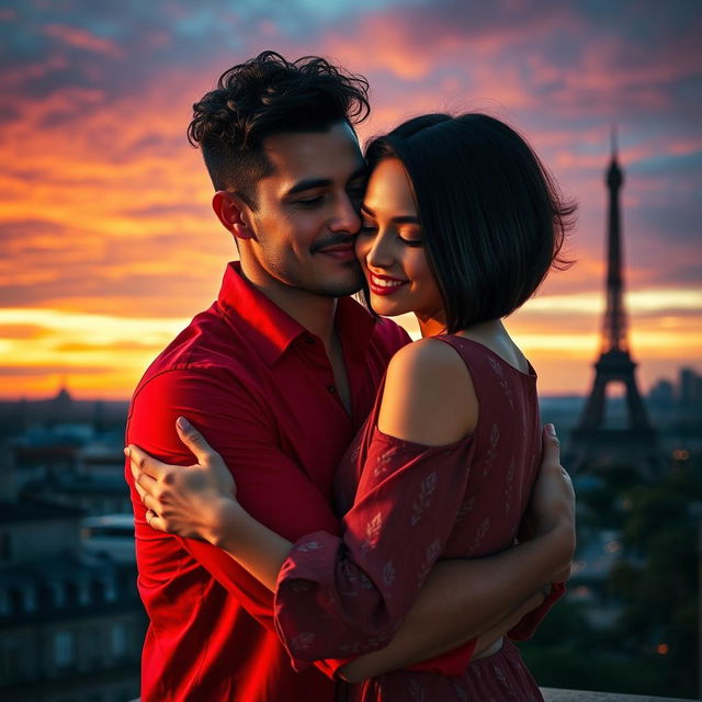 A romantic scene showcasing a guy with tan skin and long curly black hair, clad in a striking red shirt, as he warmly hugs a miniature brunette with a sleek bob haircut