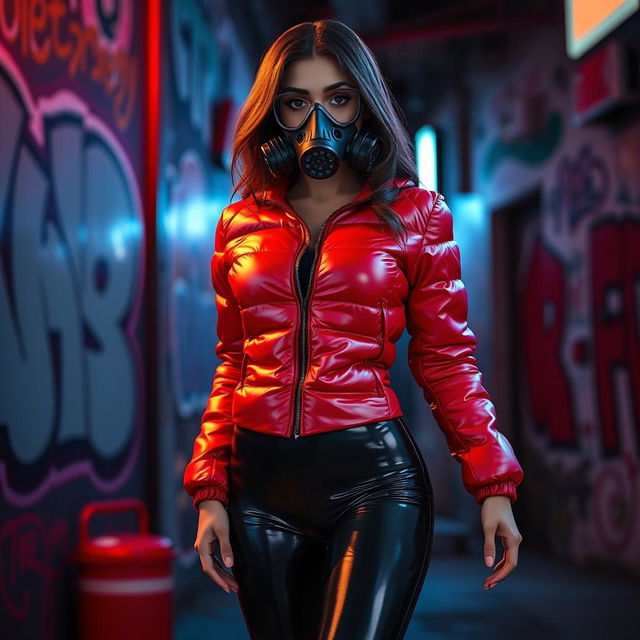 A hot slim girl with big boobs, confidently donning a shiny red tight puffer jacket that accentuates her figure, paired with sleek black latex leggings