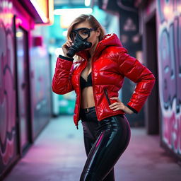 A hot slim girl with big boobs, confidently donning a shiny red tight puffer jacket that accentuates her figure, paired with sleek black latex leggings