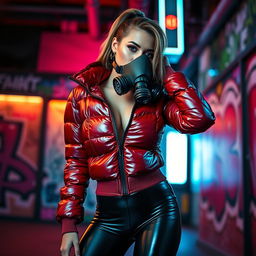 A hot slim girl with big boobs, confidently donning a shiny red tight puffer jacket that accentuates her figure, paired with sleek black latex leggings