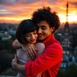 A touching scene of a guy with tan skin and long curly black hair, dressed in a bright red shirt, warmly hugging a miniature brunette with a chic bob haircut