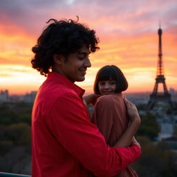 A touching scene of a guy with tan skin and long curly black hair, dressed in a bright red shirt, warmly hugging a miniature brunette with a chic bob haircut