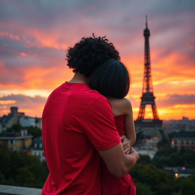 A touching scene of a guy with tan skin and long curly black hair, dressed in a bright red shirt, warmly hugging a miniature brunette with a chic bob haircut