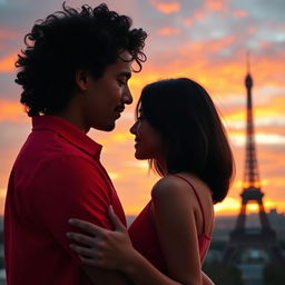 An enchanting scene featuring a guy with tan skin and long curly black hair wearing a vibrant red shirt, embracing a miniature brunette with a stylish bob haircut