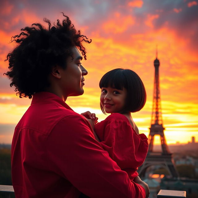 An enchanting scene featuring a guy with tan skin and long curly black hair wearing a vibrant red shirt, embracing a miniature brunette with a stylish bob haircut