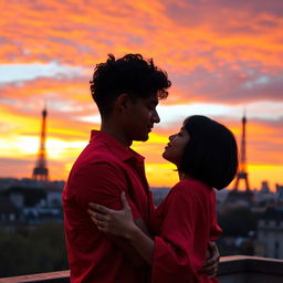 An enchanting scene featuring a guy with tan skin and long curly black hair wearing a vibrant red shirt, embracing a miniature brunette with a stylish bob haircut