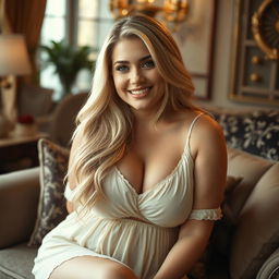 A cozy portrait of a voluptuous blonde woman, showcasing her soft features and warm smile